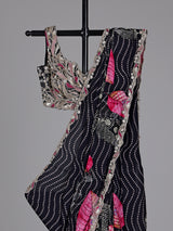 Jet black printed crepe saree with readymade blouse
