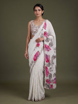 Off-white printed crepe saree with readymade blouse
