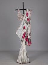 Off-white printed crepe saree with readymade blouse