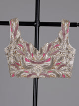 Off-white printed crepe saree with readymade blouse