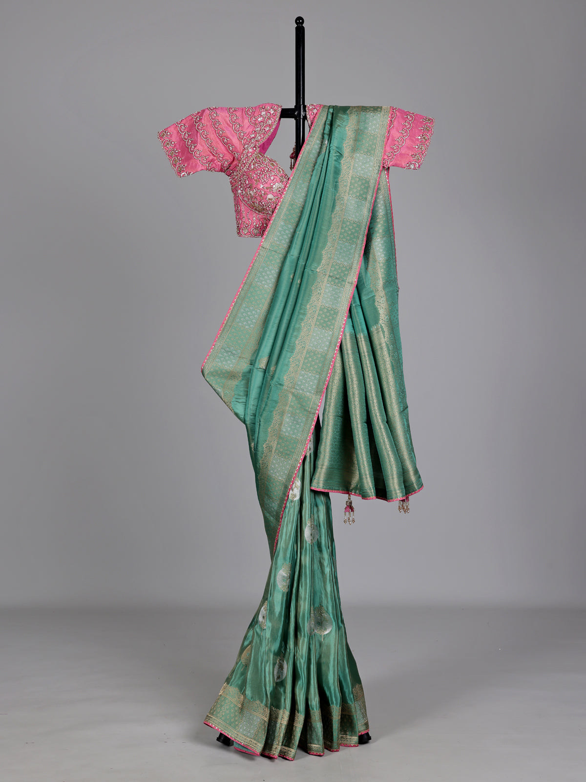 Rama green zari tissue-silk saree with readymade blouse