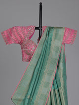 Rama green zari tissue-silk saree with readymade blouse