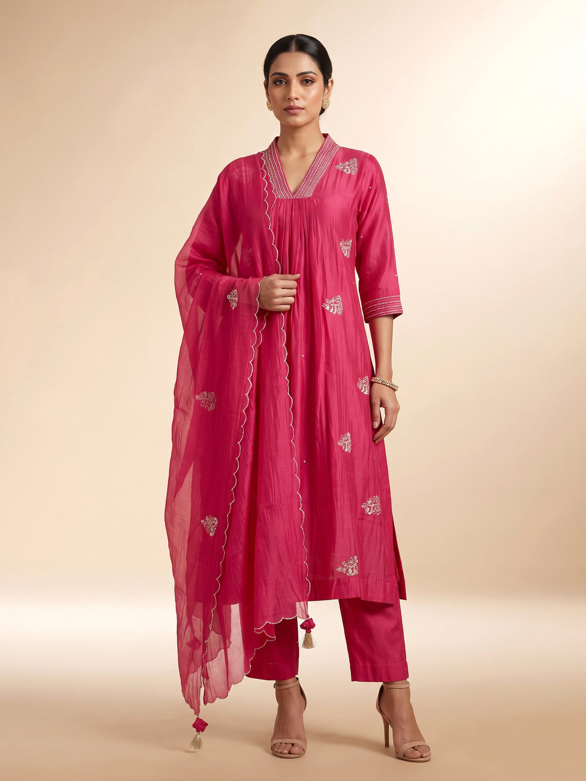 Rani pink embellished kurti set