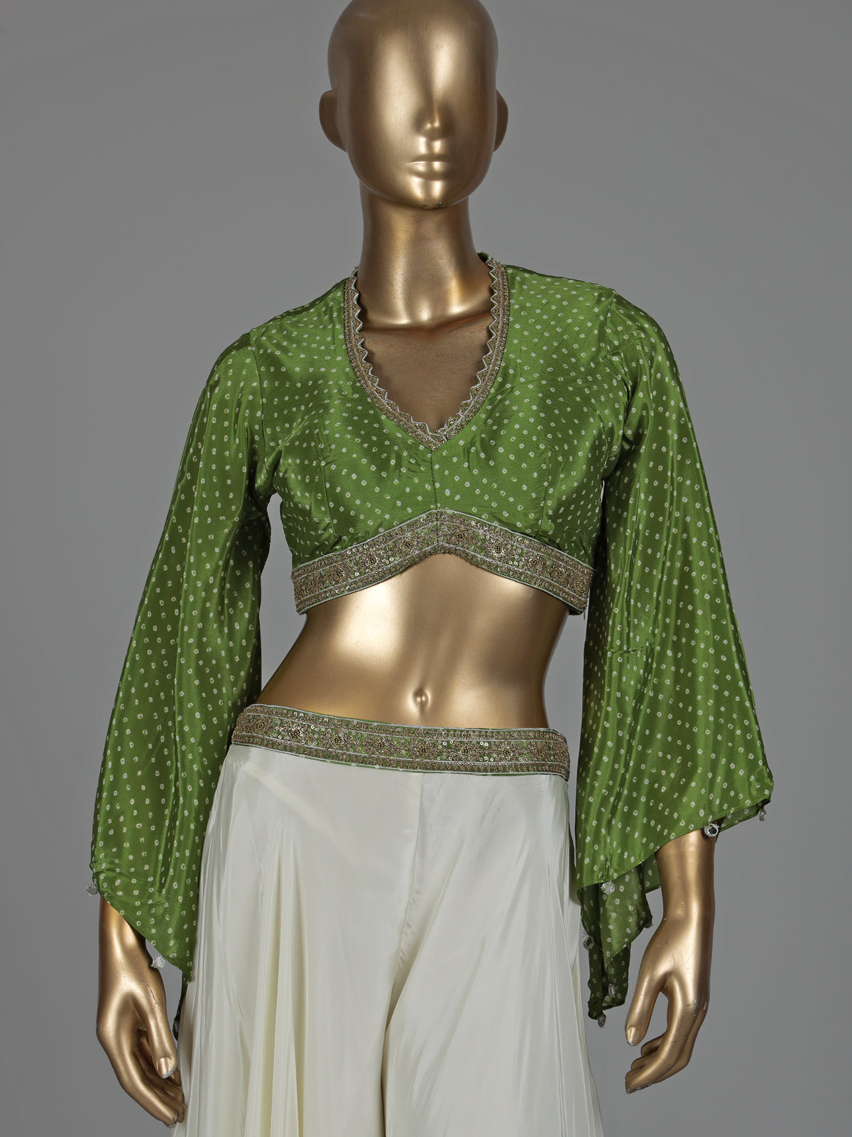 Green printed crepe silk palazzo suit with sequined detailing