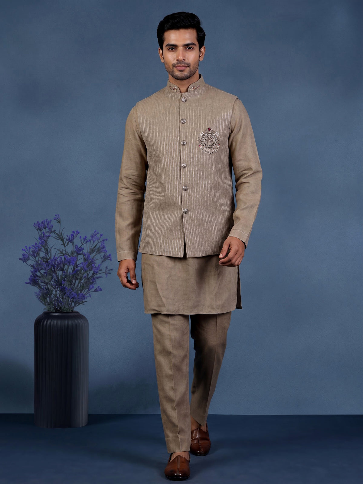 Light khaki zardosi waistcoat set with royal crest for mens
