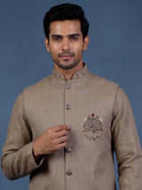 Light khaki zardosi waistcoat set with royal crest for mens