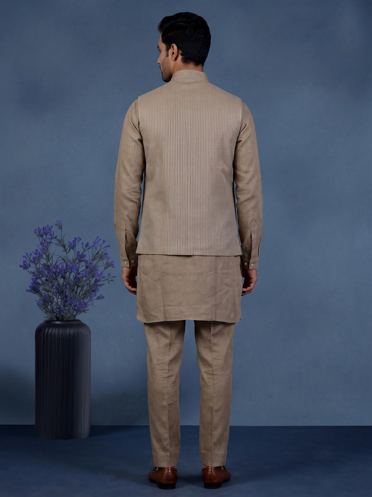 Light khaki zardosi waistcoat set with royal crest for mens