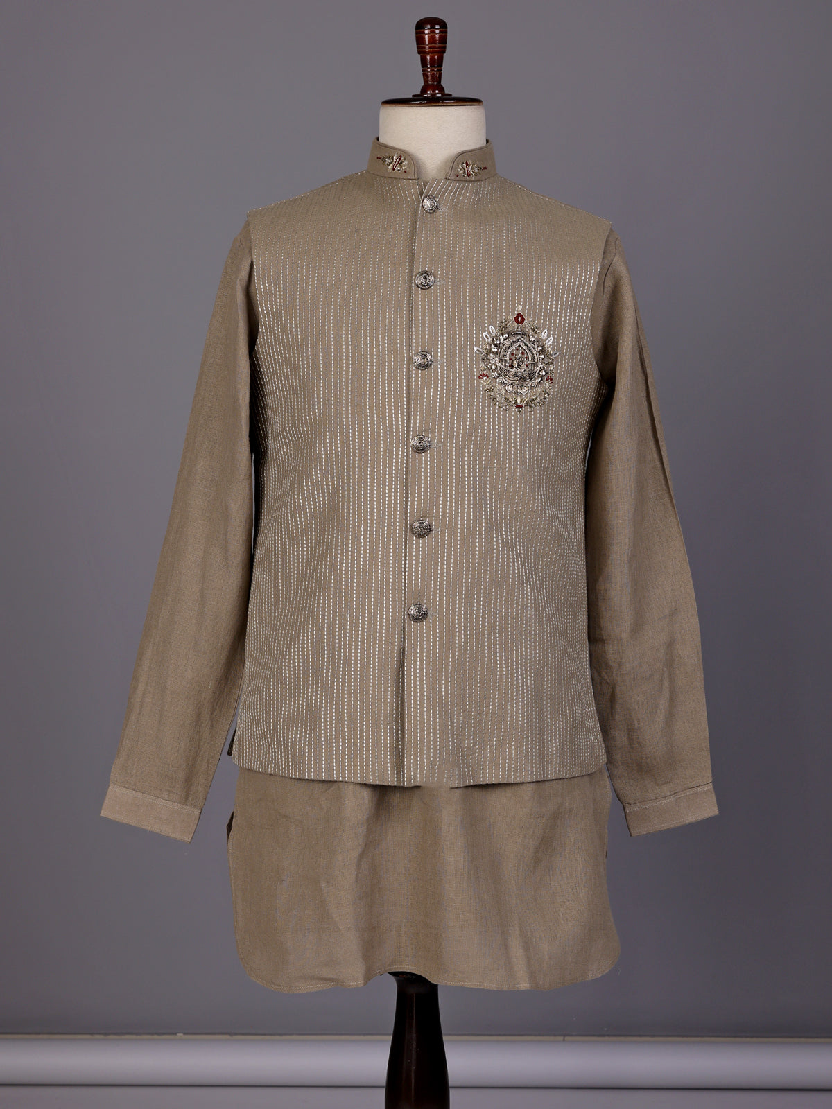 Light khaki zardosi waistcoat set with royal crest for mens