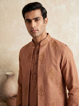 Deep peach floral thread waistcoat set for mens