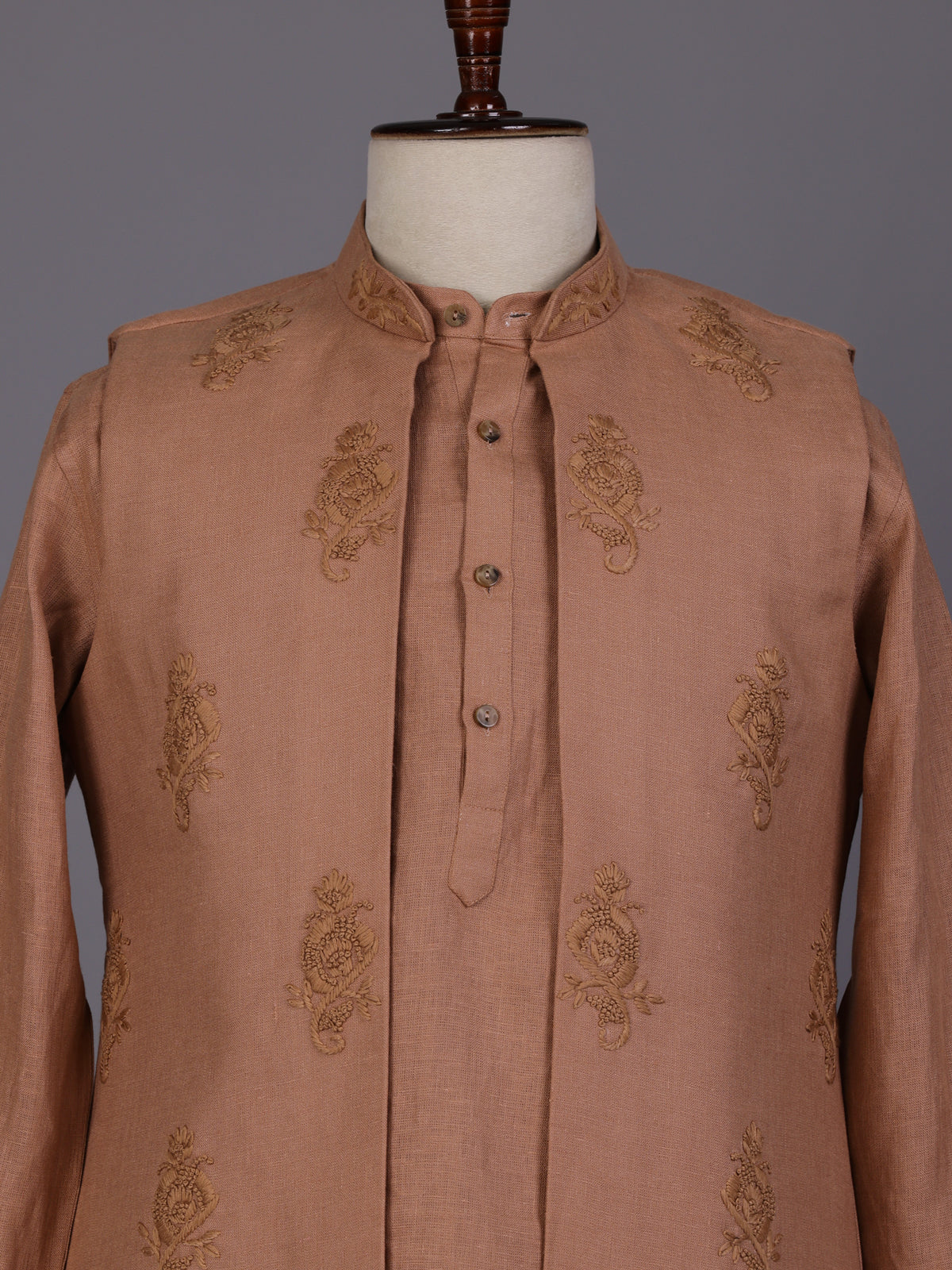 Deep peach floral thread waistcoat set for mens