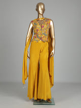 Yellow printed crepe silk palazzo suit with embellished dupatta