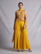 Yellow printed crepe silk palazzo suit with embellished dupatta