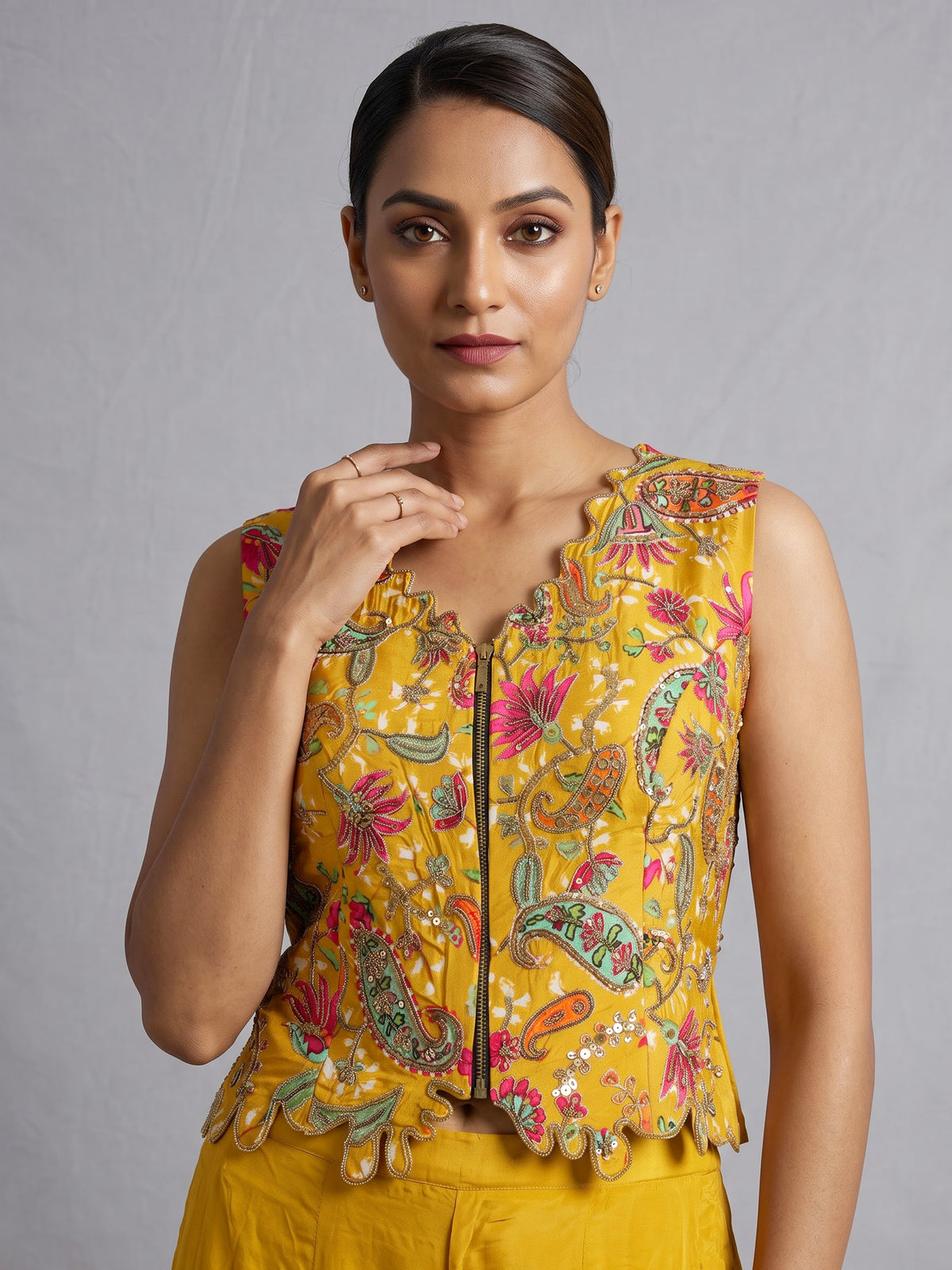 Yellow printed crepe silk palazzo suit with embellished dupatta