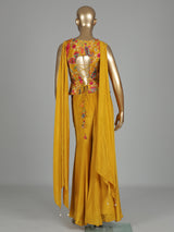 Yellow printed crepe silk palazzo suit with embellished dupatta