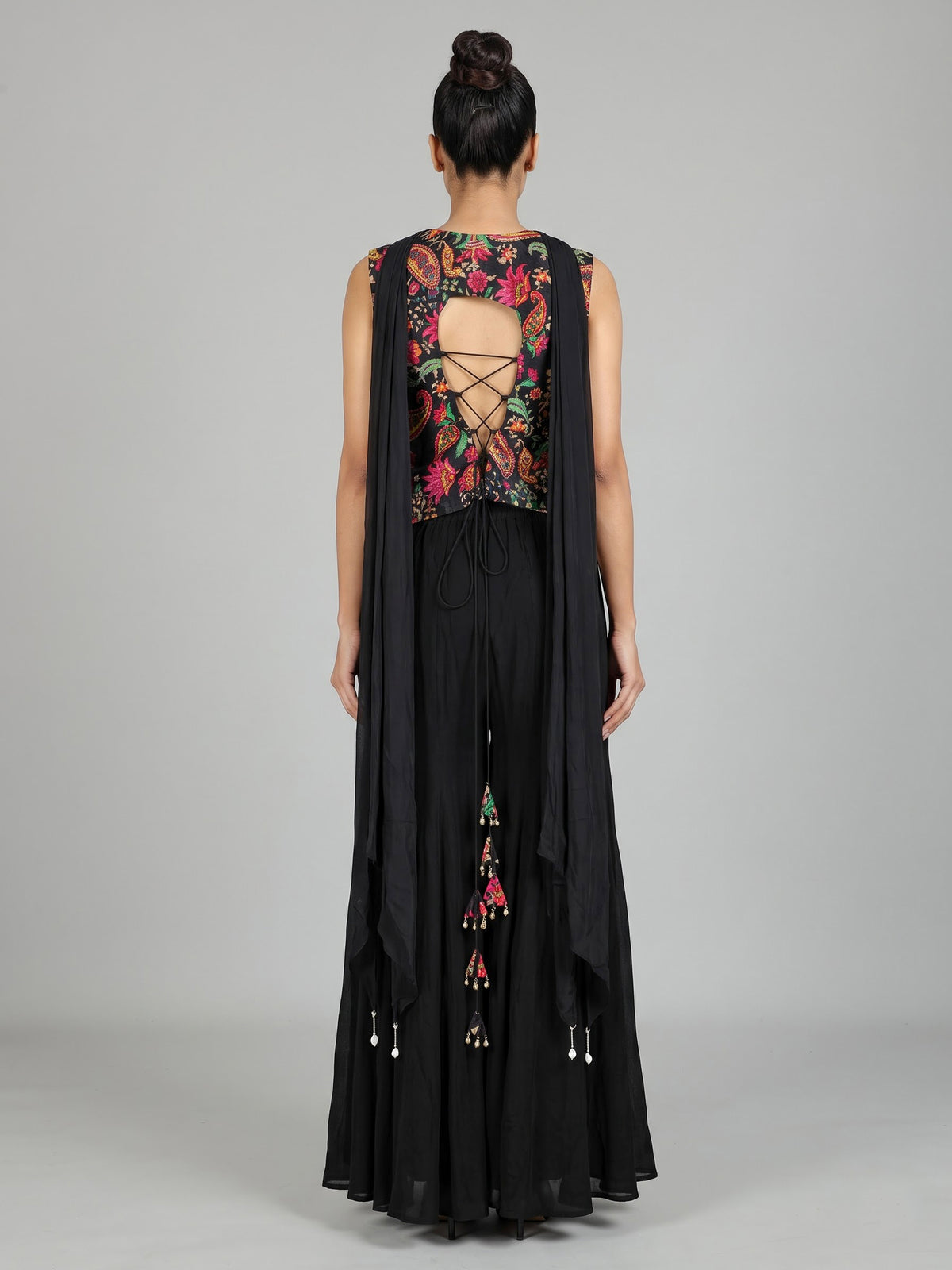 Black printed crepe silk palazzo suit with beadwork and dupatta