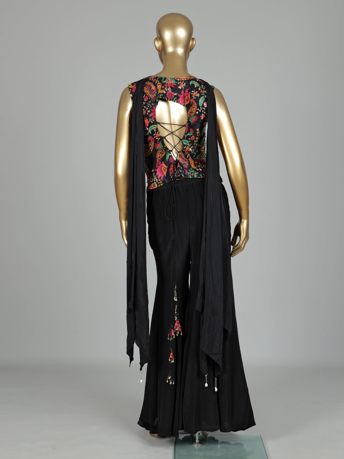 Black printed crepe silk palazzo suit with beadwork and dupatta