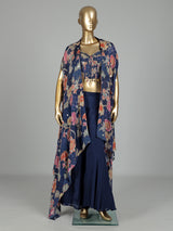 Navy printed crepe silk palazzo suit with aabla embellished shrug