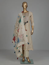 Beige printed tusser silk Anarkali palazzo suit with dupatta