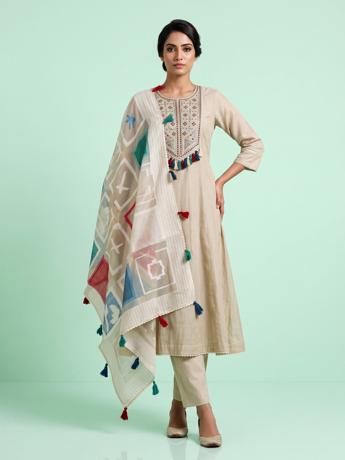 Beige printed tusser silk Anarkali palazzo suit with dupatta