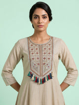 Beige printed tusser silk Anarkali palazzo suit with dupatta