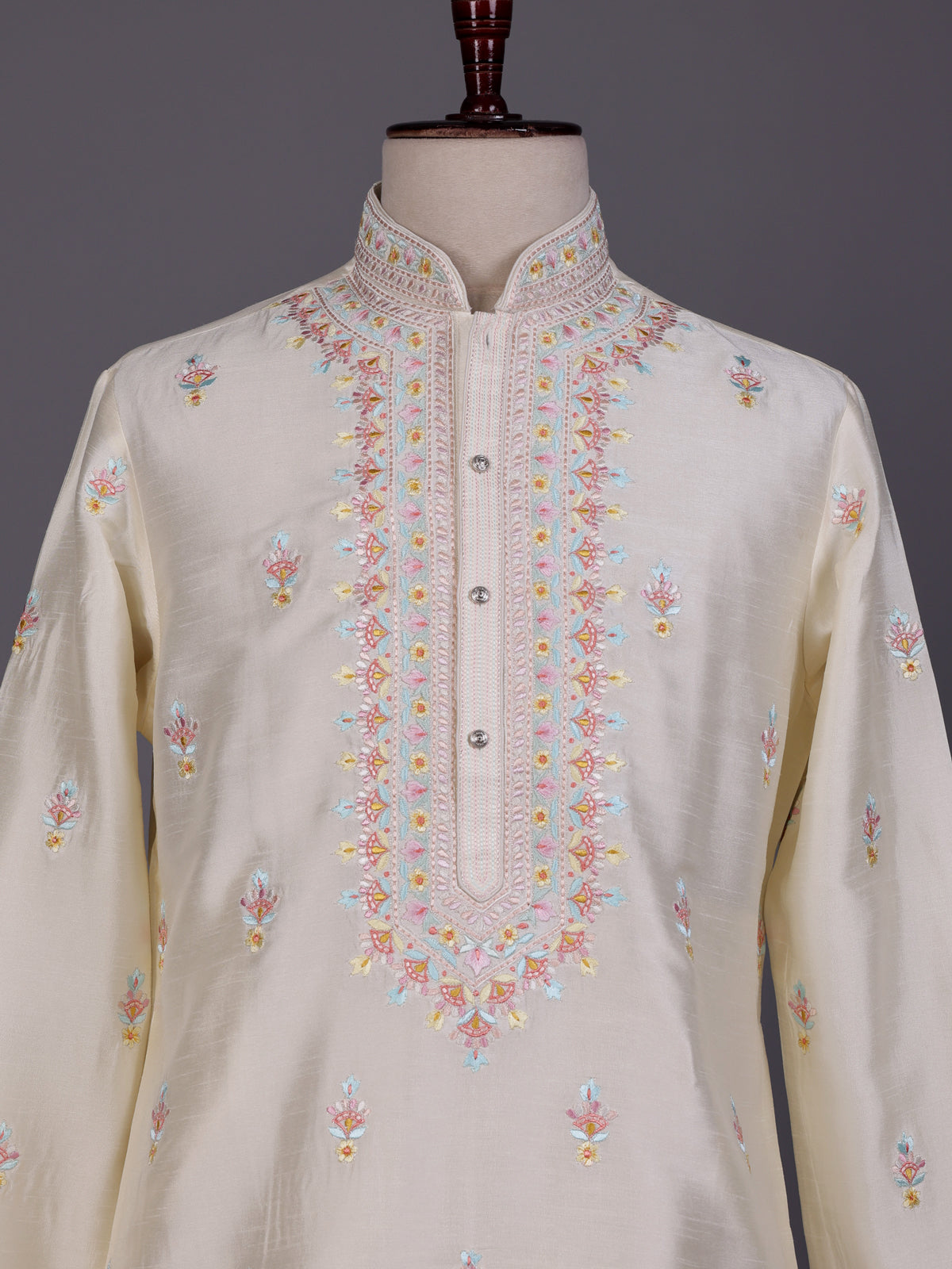 Cream raw silk embroidered kurta suit for mens weddings