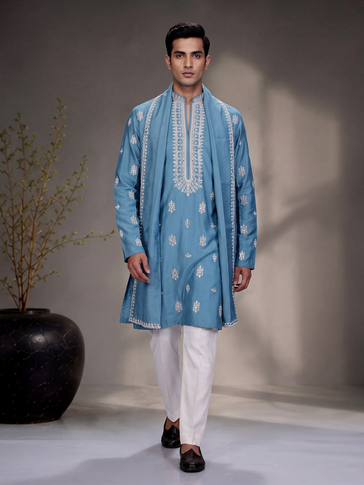 Firozi blue thread aabla kurta suit with dupatta for mens