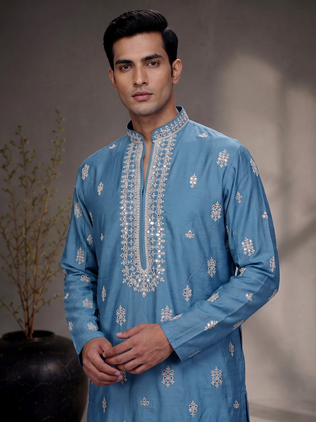 Firozi blue thread aabla kurta suit with dupatta for mens