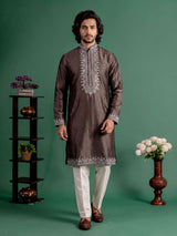 Dark grey zardosi kurta suit with sequins for mens