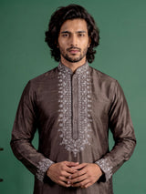 Dark grey zardosi kurta suit with sequins for mens