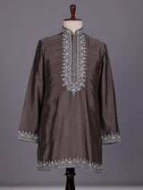 Dark grey zardosi kurta suit with sequins for mens