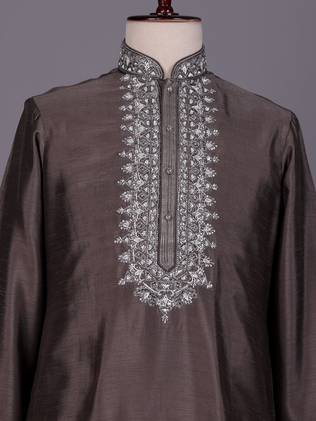 Dark grey zardosi kurta suit with sequins for mens