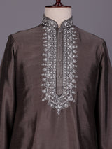 Dark grey zardosi kurta suit with sequins for mens