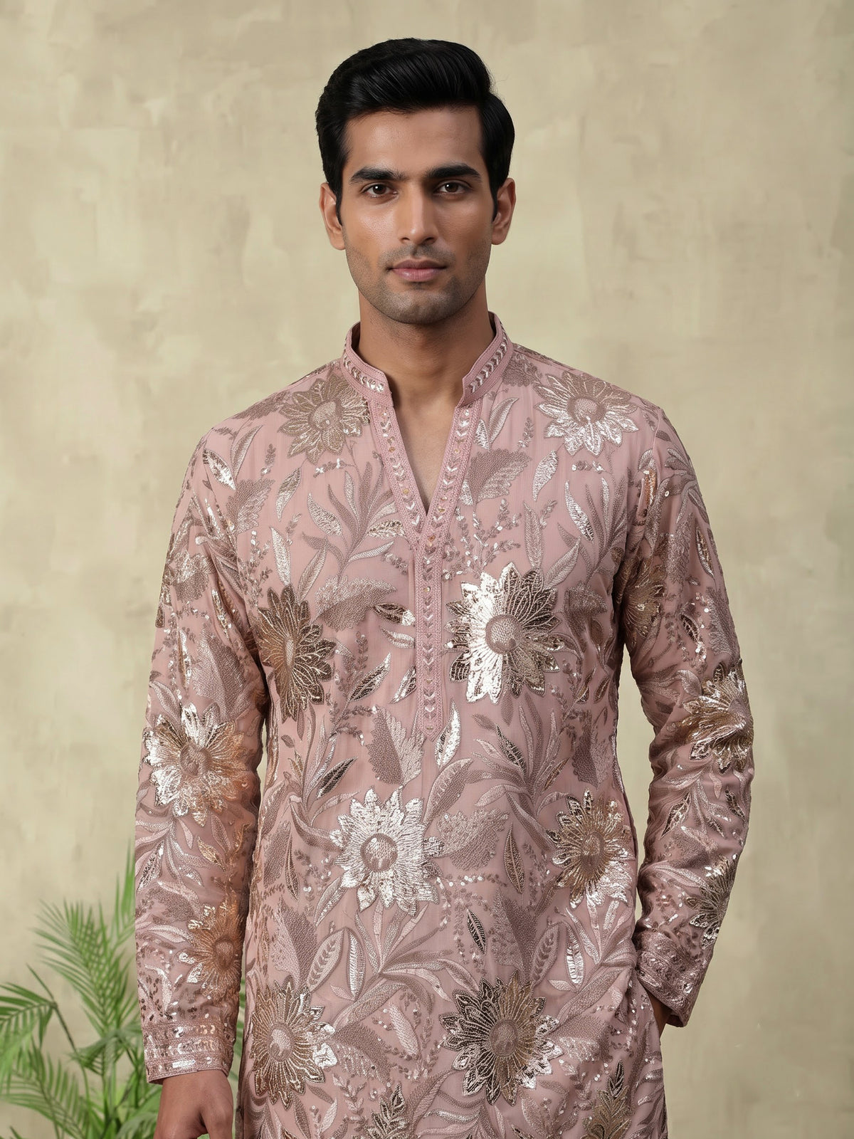 Onion pink embroidered kurta suit for mens receptions