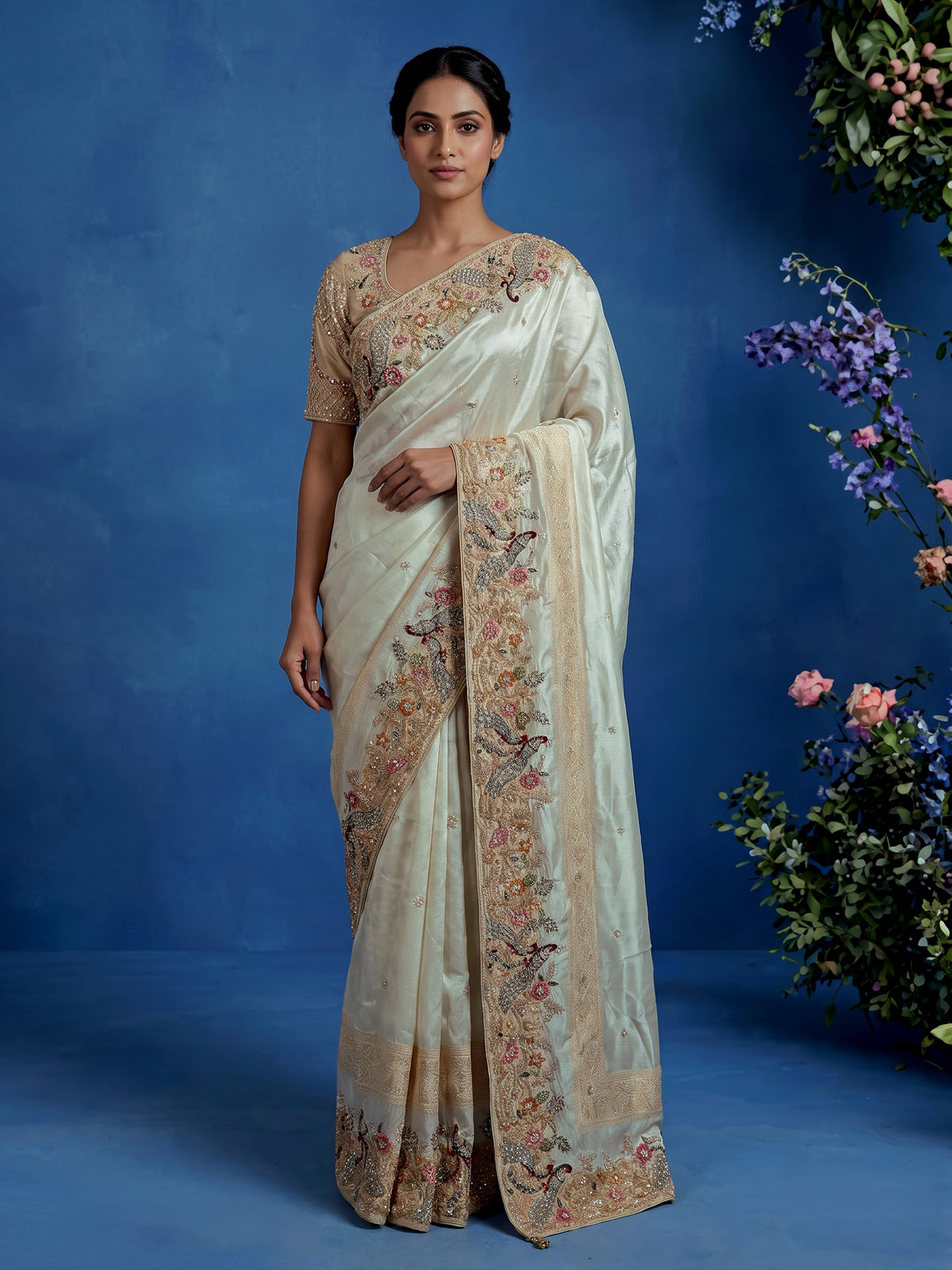 Mint blue peacock women saree