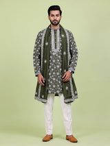Mehendi green embroidered aabla kurta suit with dupatta