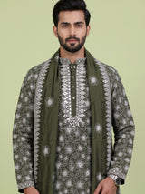 Mehendi green embroidered aabla kurta suit with dupatta
