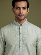 Mint green embroidered linen silk kurta suit for mens