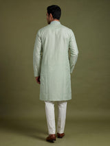 Mint green embroidered linen silk kurta suit for mens