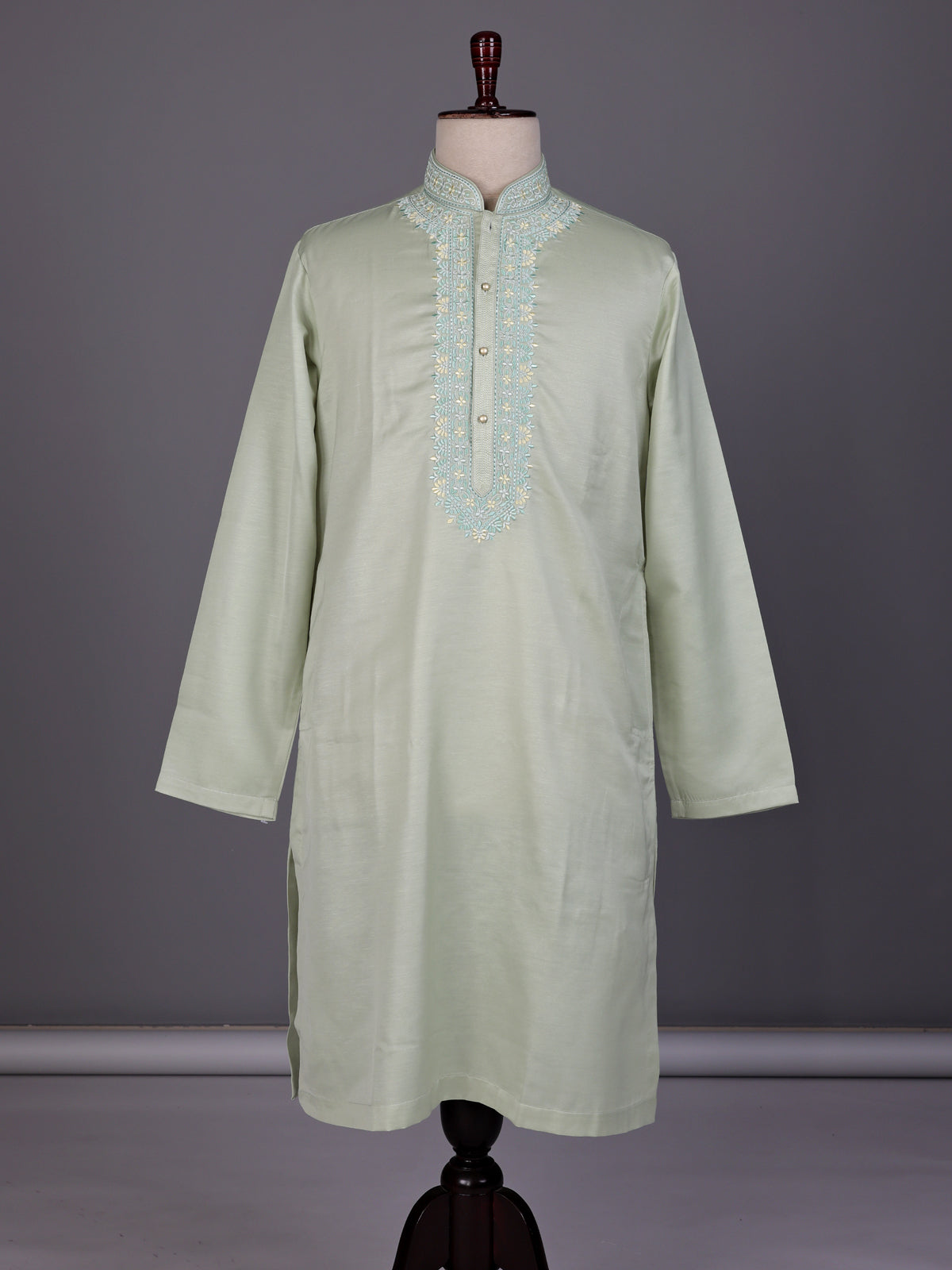 Mint green embroidered linen silk kurta suit for mens