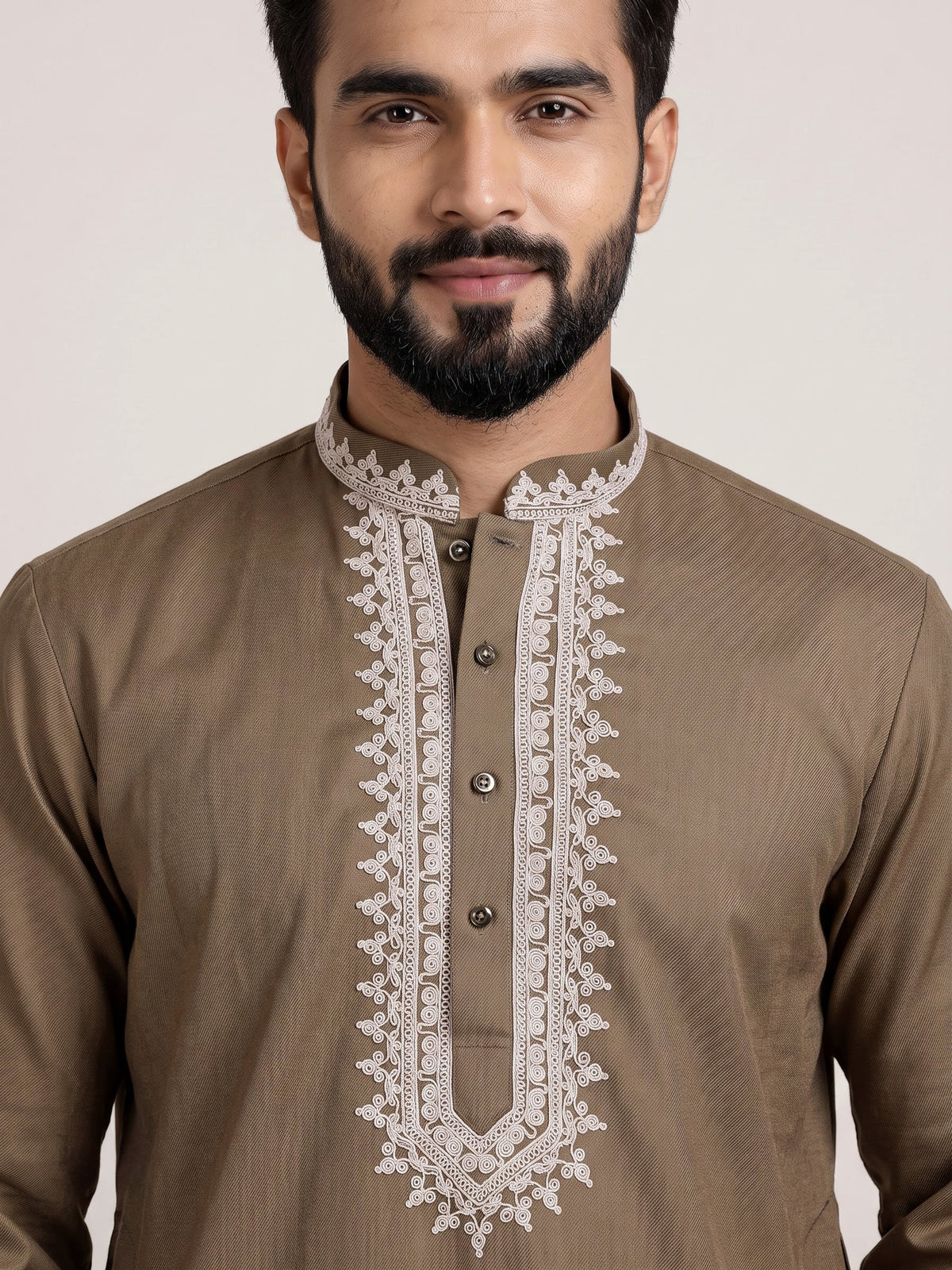 Dark beige thread work kurta suit with pants for mens