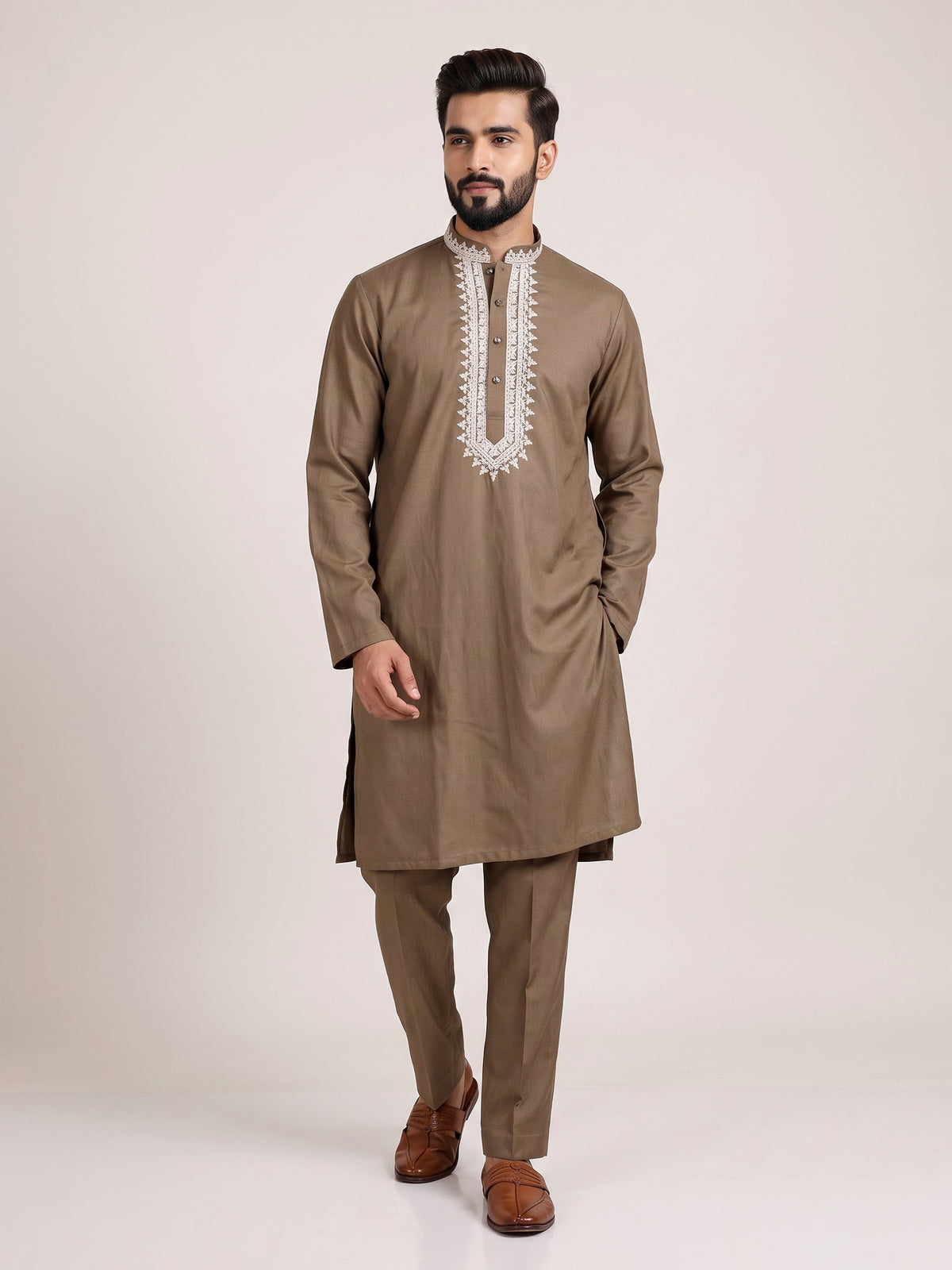 Dark beige thread work kurta suit with pants for mens
