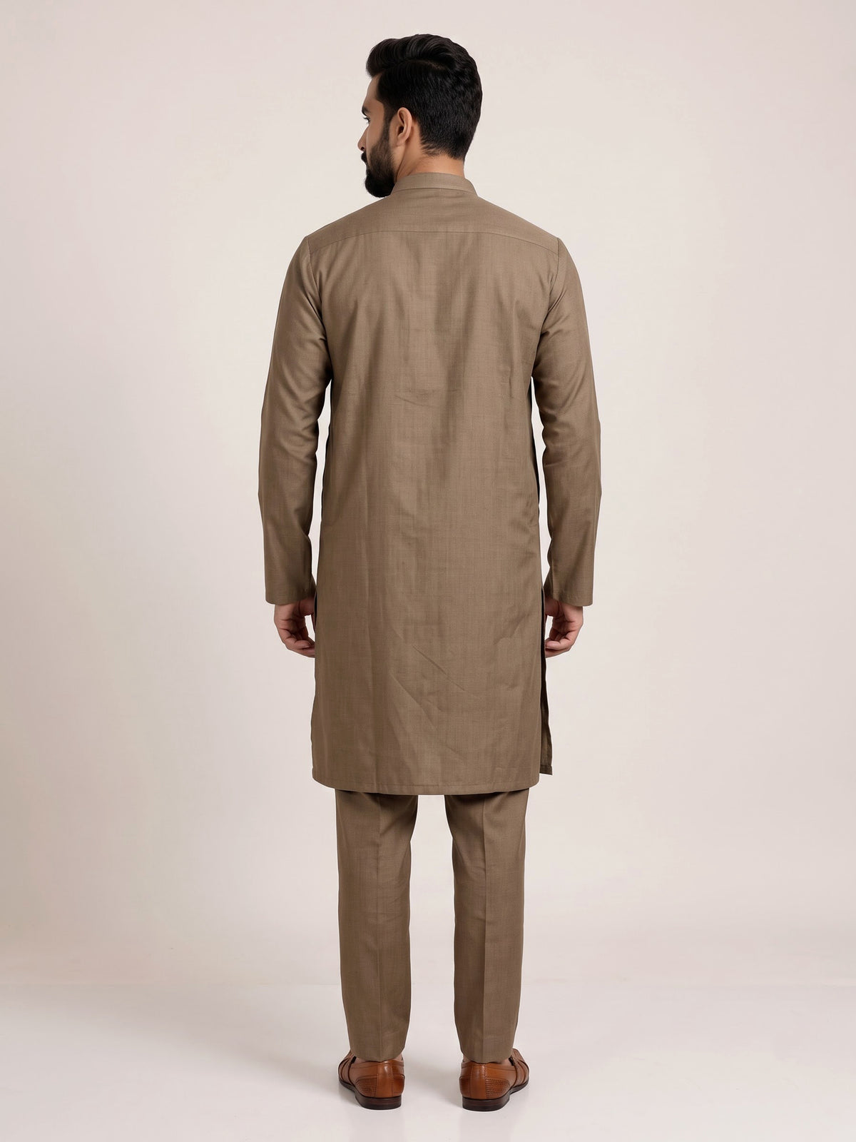 Dark beige thread work kurta suit with pants for mens