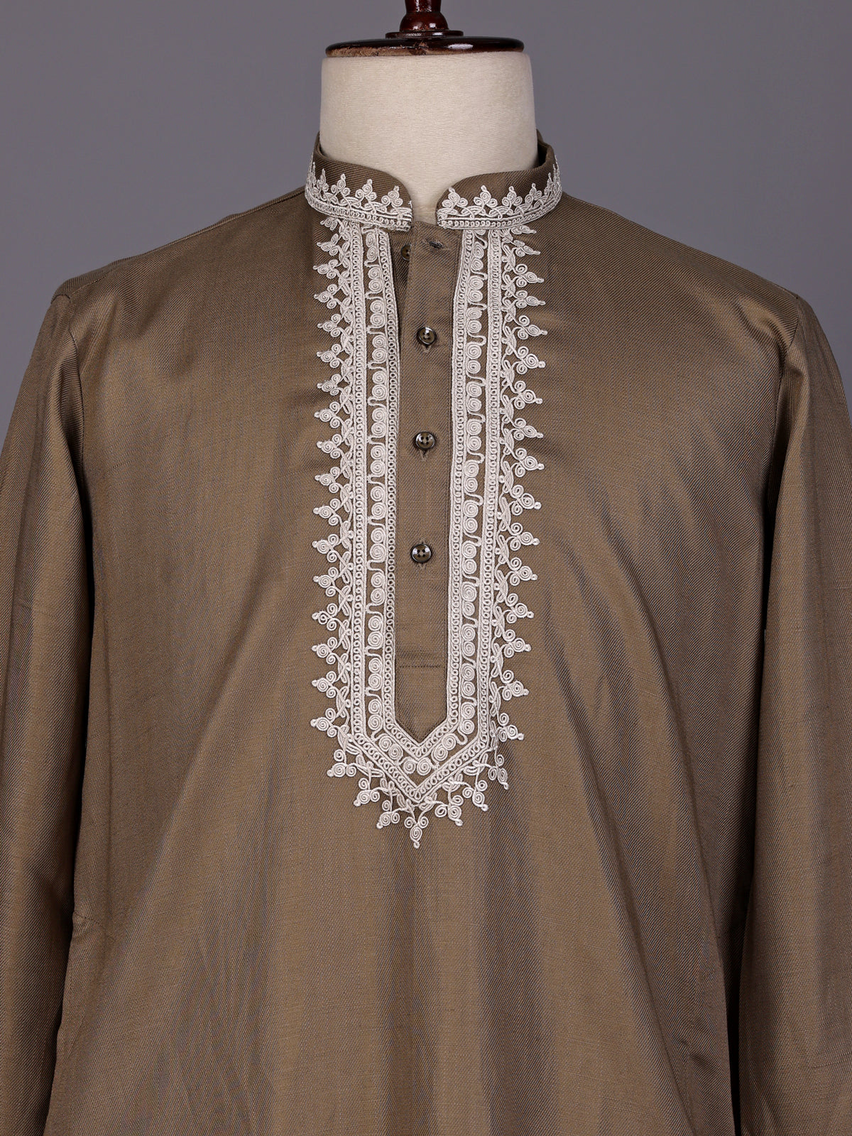 Dark beige thread work kurta suit with pants for mens