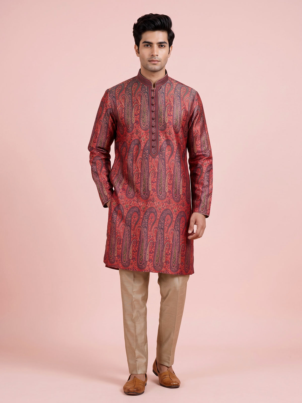 Red zari brocade printed kurta suit with pants for mens