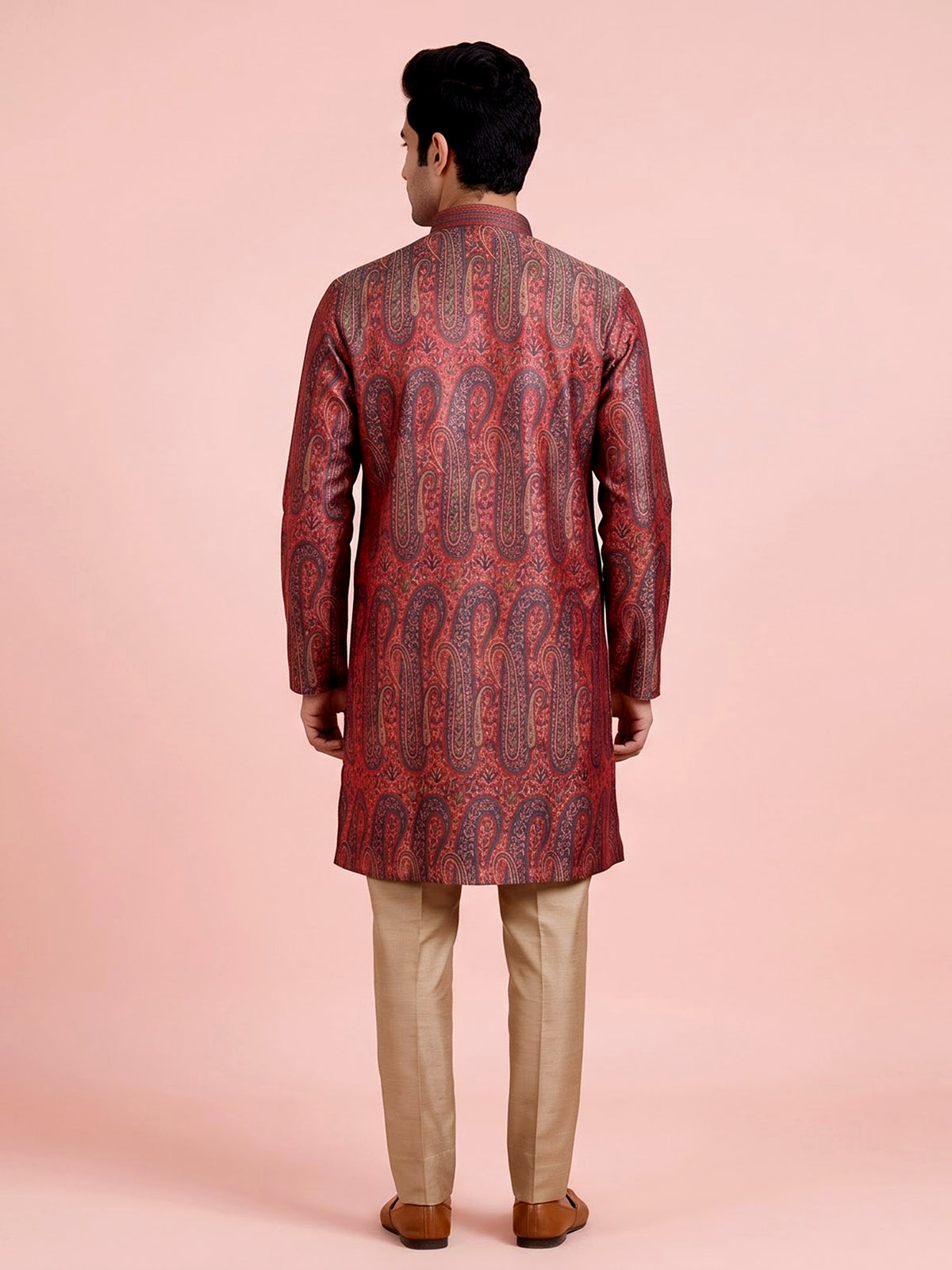 Red zari brocade printed kurta suit with pants for mens