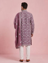 Light wine embroidered aabla kurta suit with dupatta for mens