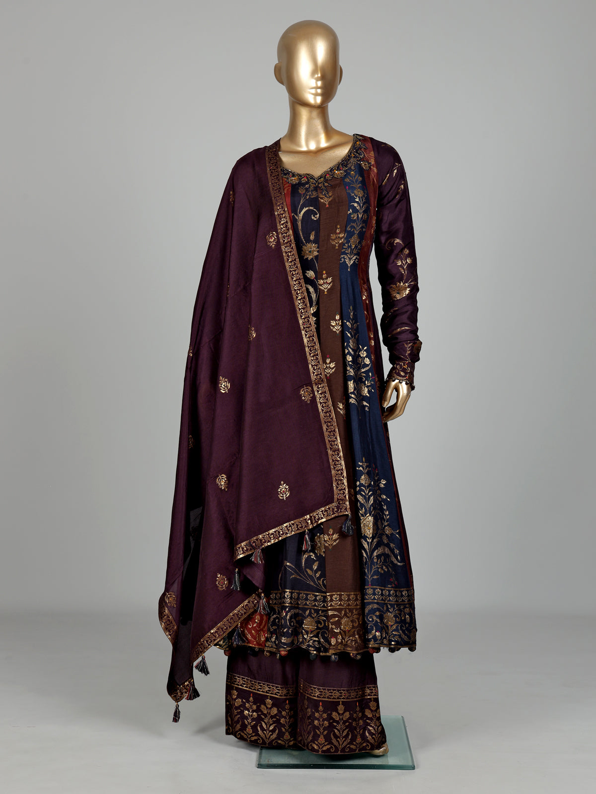 Multicolor silk anarkali palazzo suit with zardosi and stone embellishments