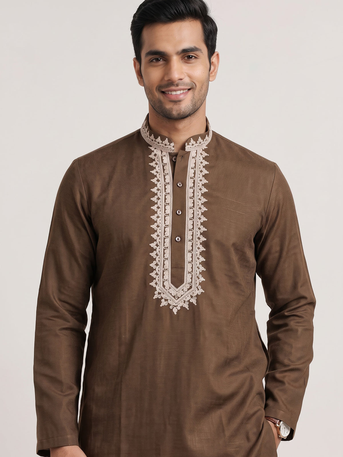 Brown thread detailed cotton silk kurta suit for mens