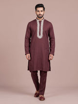 Wine thread detailed cotton silk kurta suit for mens
