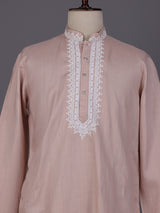 Peach thread embroidered kurta suit with pants for mens weddings